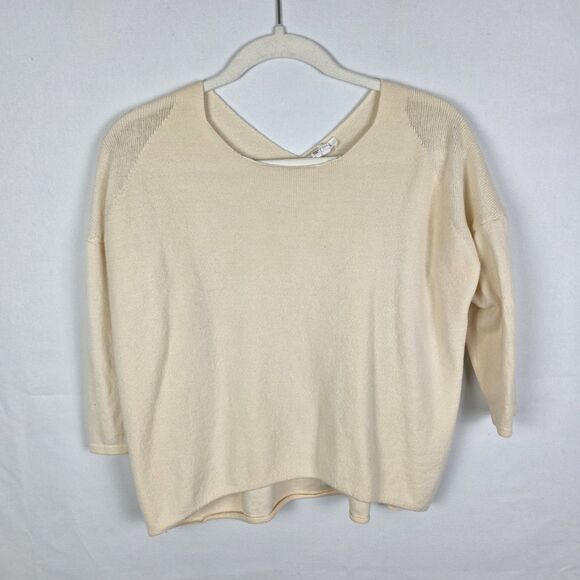 HELMUT LANG Women's 100% Wool Pullover Sweater Beige Knit Size Medium Back V - Picture 1 of 6